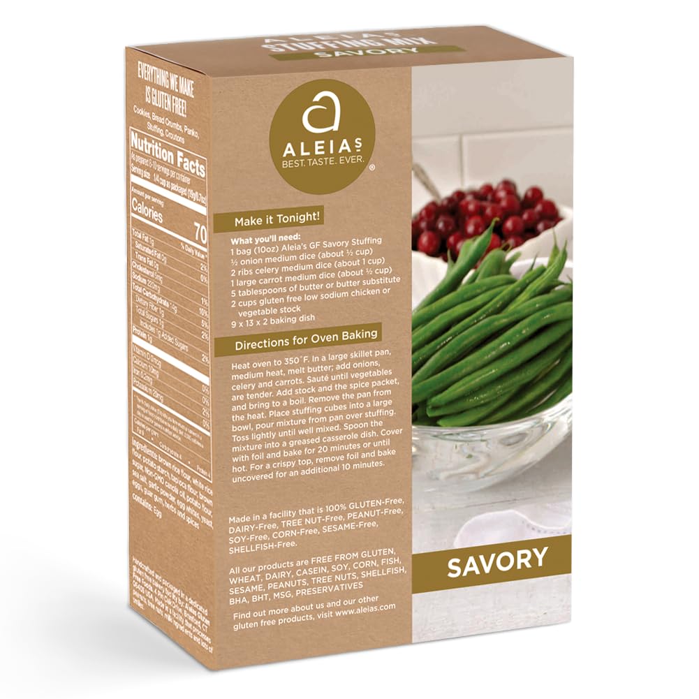 Aleia’s Best savory stuffing mix box back shows a two-pack option.