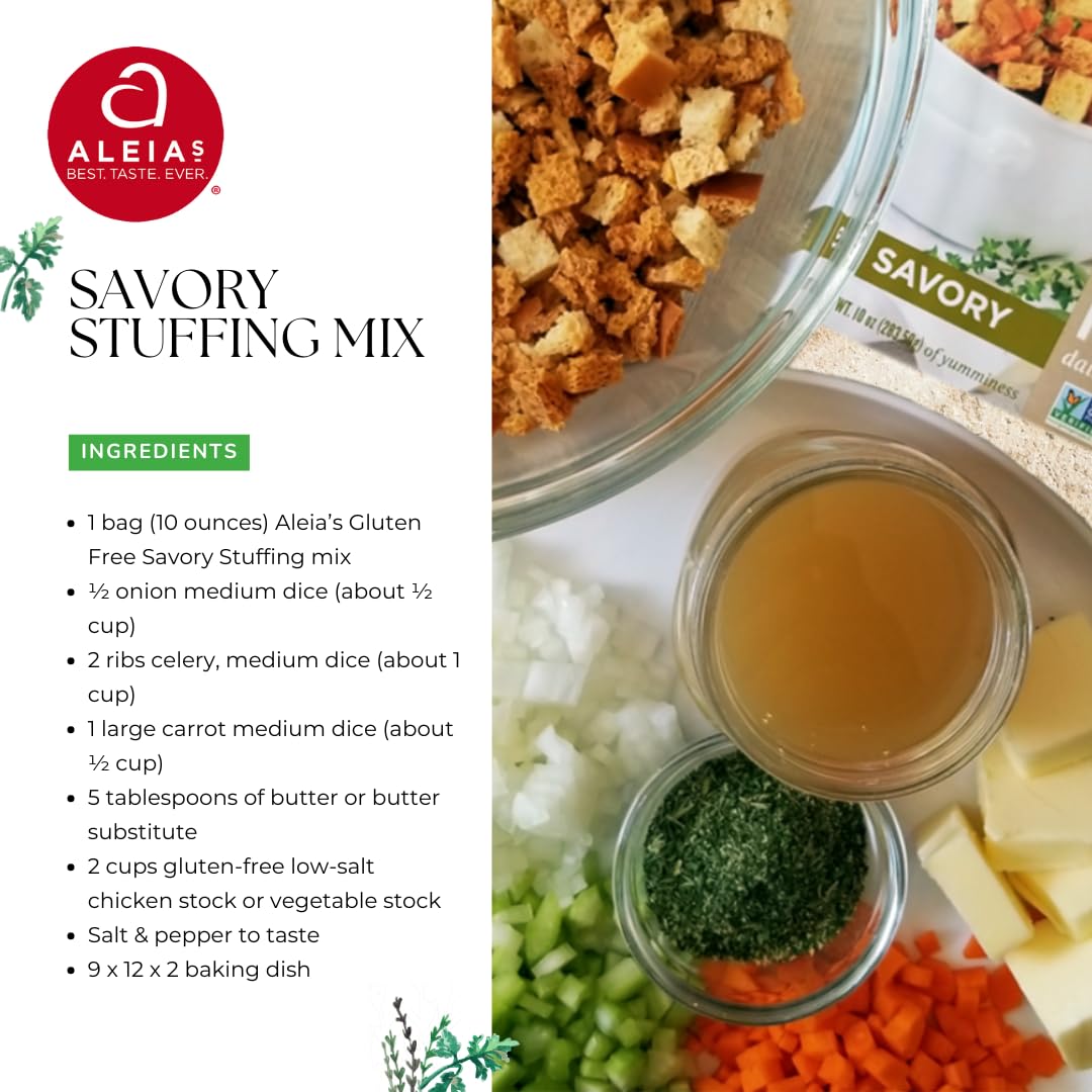 Aleia’s Best stuffing mix ingredient closeup highlights clean-label, corn-free ingredients.