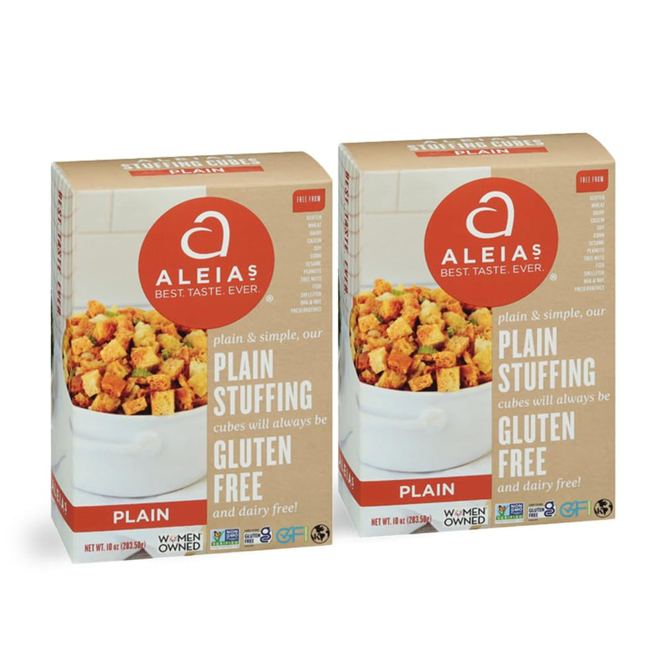 Aleia’s Best Gluten Free Plain Stuffing 2‑Pack box front—gluten free base for versatile holiday sides.