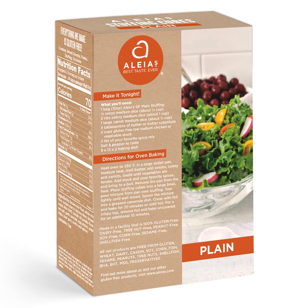 Aleia’s Best Gluten Free Plain Stuffing 2‑Pack packaging on display—raw mix for vegetables and herbs.