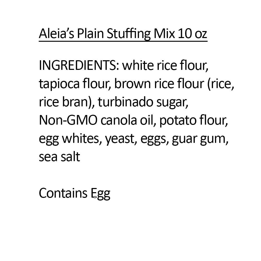 Aleia’s Gluten Free Plain Stuffing—ready to pair with vegetables and broth for flavor.