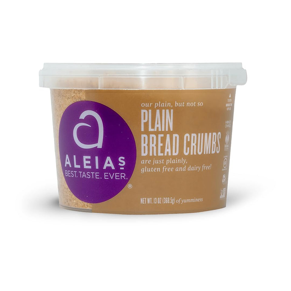 Aleia's gluten free plain bread crumbs 13oz label; gluten-free and non-GMO.
