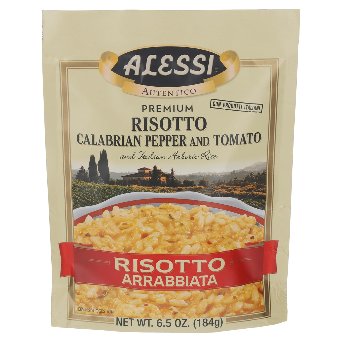 Alessi Autentico Arrabbiata packaging with premium Arborio rice for quick, flavorful meals.