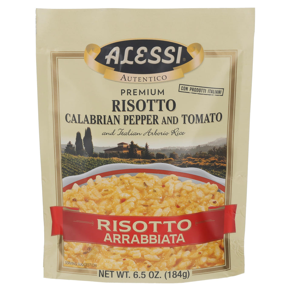 Alessi Autentico Arrabbiata packaging with premium Arborio rice for quick, flavorful meals.