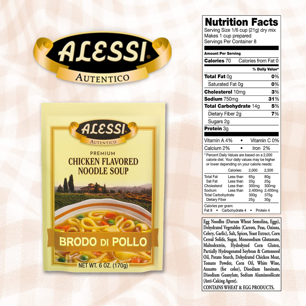 Alessi Autentico ingredients closeup showing vegetables and pasta for wholesome flavor.