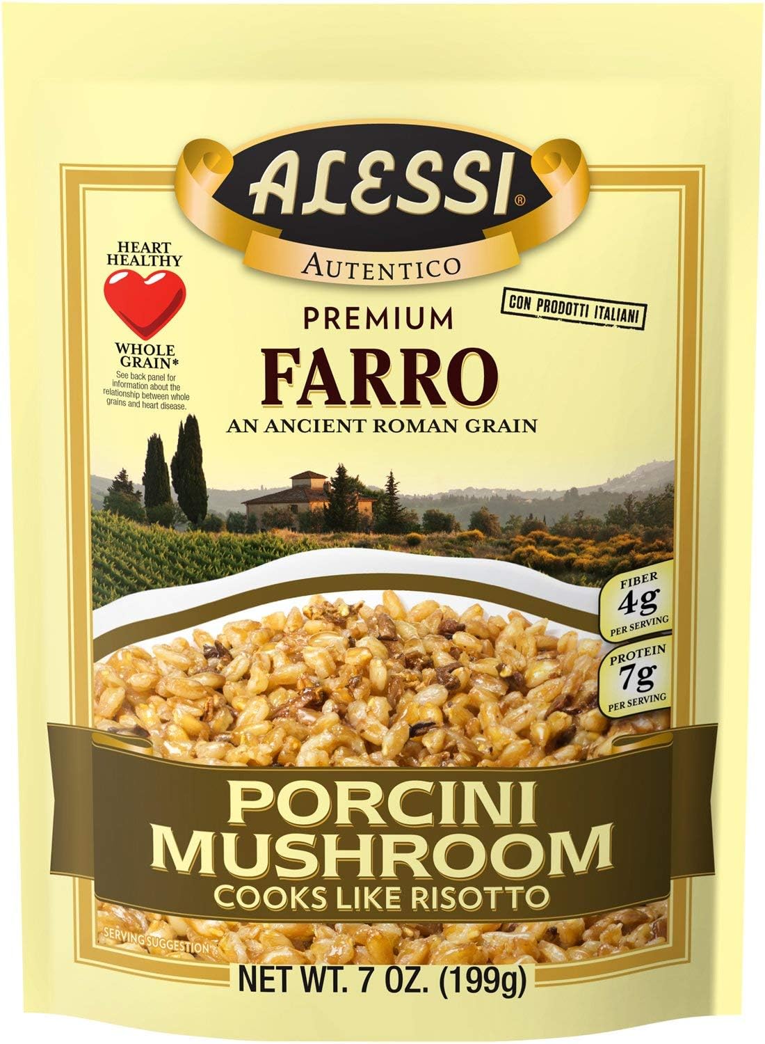 Alessi Autentico porcini farro pack shot showing convenient six-pack for easy meals.