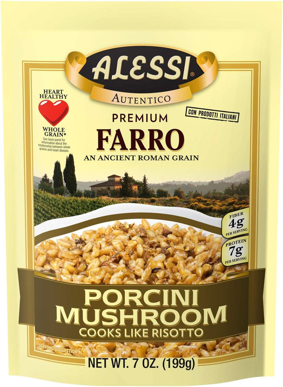 Alessi Autentico porcini farro pack shot showing convenient six-pack for easy meals.