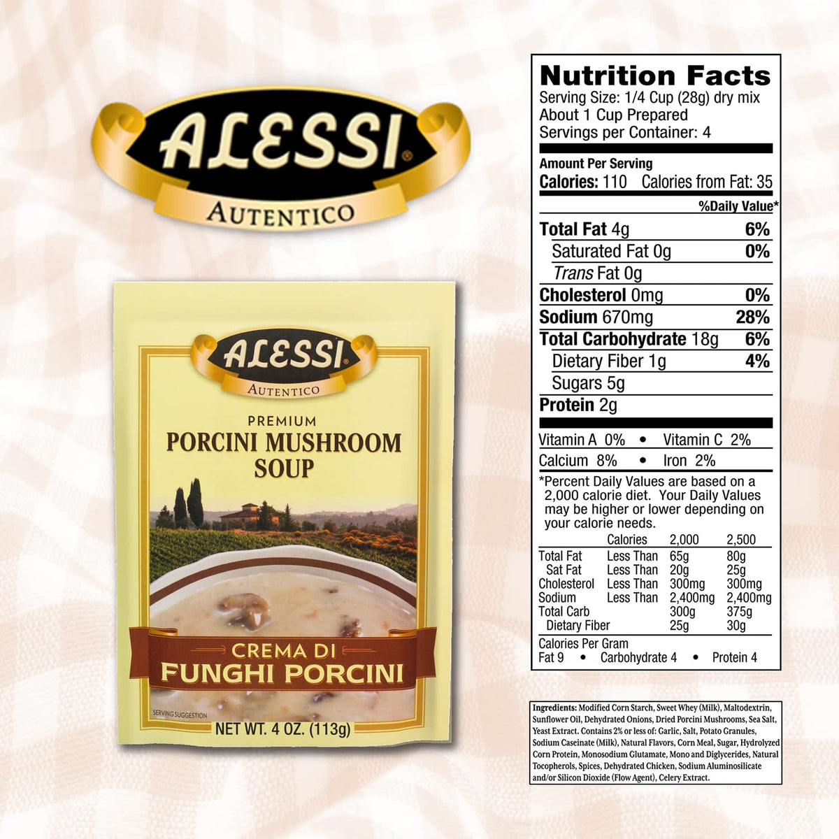Alessi Autentico porcini mushrooms closeup, rich flavor base for comforting soups.