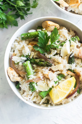 Close-up of porcini mushrooms and Arborio rice in Alessi mix.