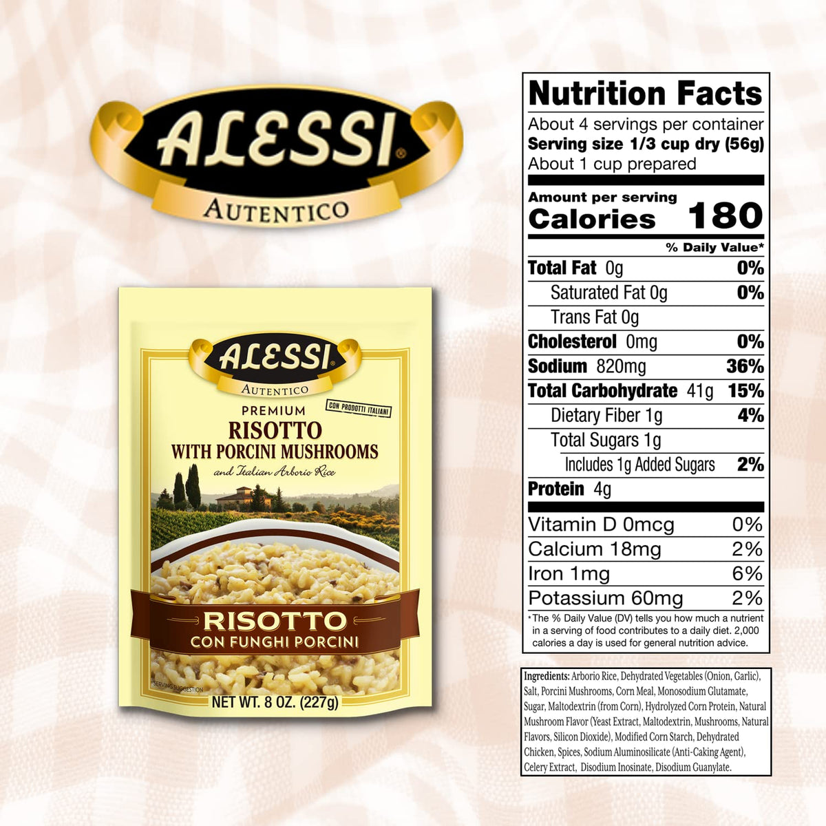 Close-up of Alessi Autentico porcini risotto pack highlighting premium ingredients.