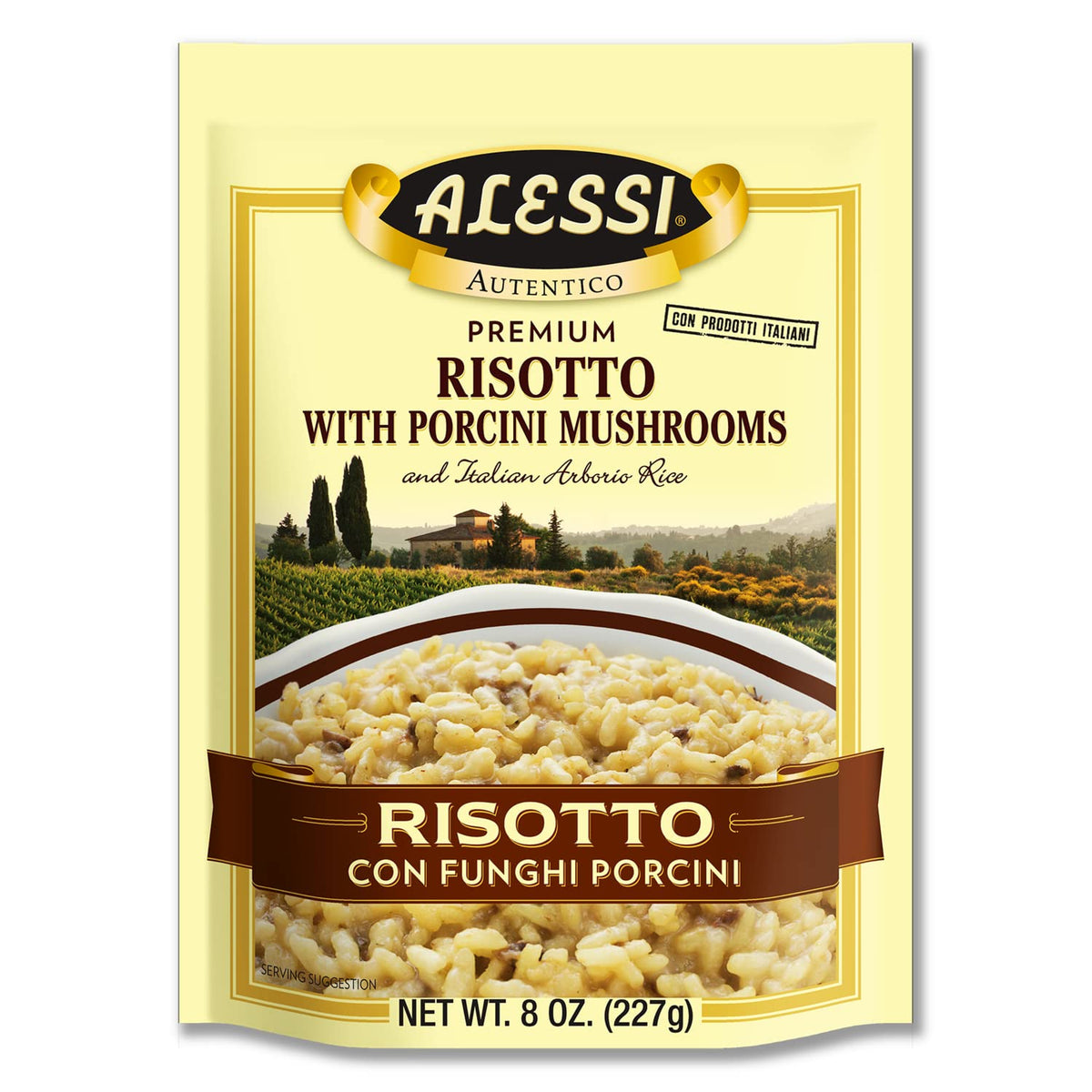 Alessi Autentico porcini risotto pack front, six convenient servings for quick meals.