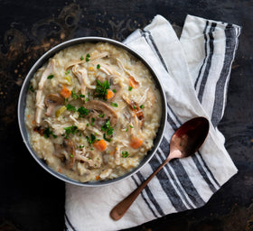Alessi Autentico simmering pot, aroma rising as hearty porcini soup.