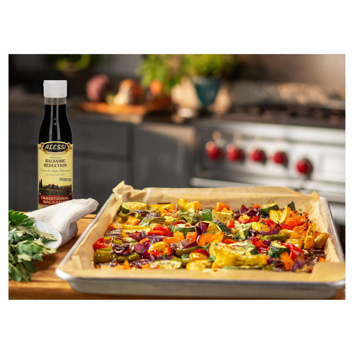 Alessi Balsamic Reduction on cheese platter elevates flavor with rich depth.