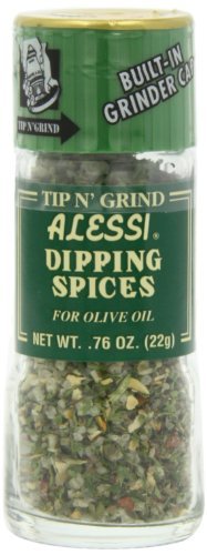 Alessi herb seasoning grinder bottle demonstrates easy spice dipping with olive oil.