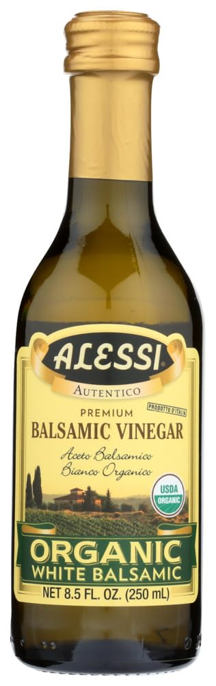 Alessi Organic White Balsamic Vinegar bottle—front view for versatile salad finishing.