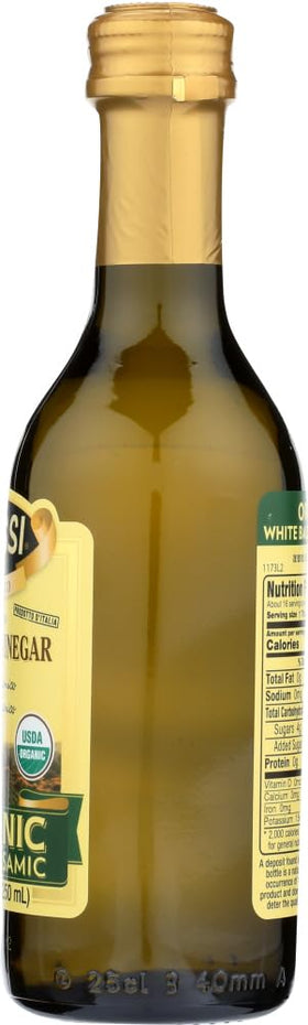 Close-up of Alessi Organic White Balsamic label—organic quality highlighted.