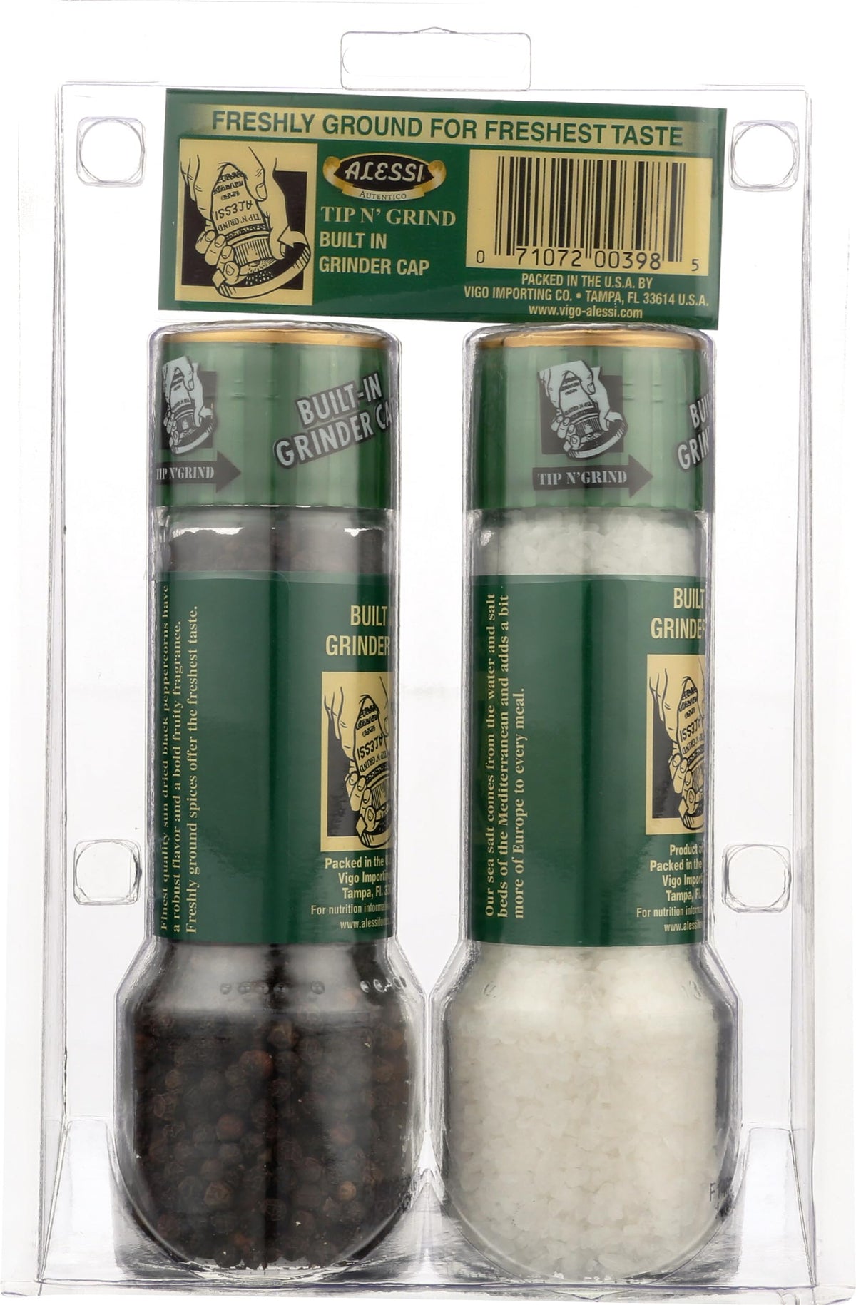 Alessi salt & pepper grinder set, side view, ergonomic grip for smooth, precise seasoning.
