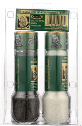 Alessi salt & pepper grinder set, side view, ergonomic grip for smooth, precise seasoning.