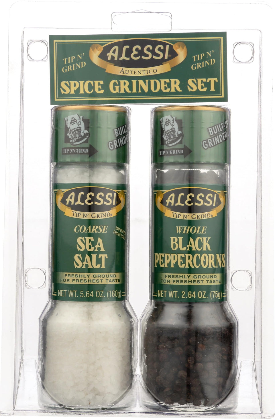 Alessi salt and pepper grinder set, top view, convenient two-pack for everyday seasoning at the table.