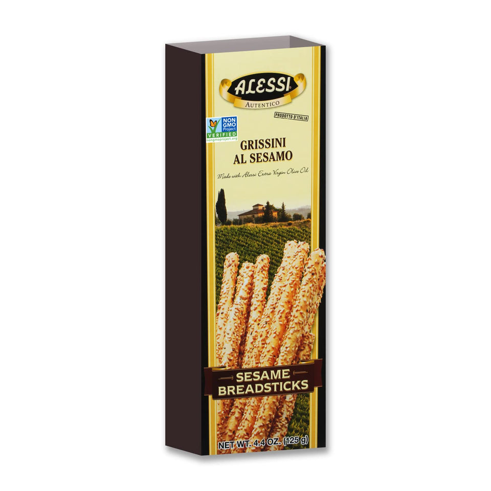 Alessi Sesame Breadsticks boxes front view for pantry snacking.
