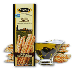 Alessi sesame breadsticks, crispy Turin-style, ideal for dipping sauces and snacking.