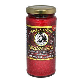 AlexMeat Horseradish Red Zakuson jar close-up showing creamy, peppery texture.