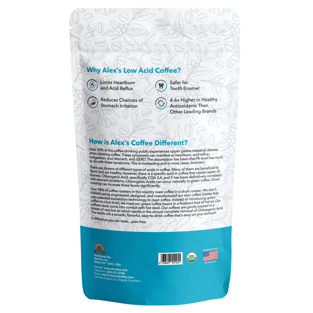 Alex's Low Acid Organic Coffee bag back shows certifications and notes.