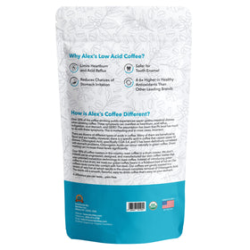 Alex's Low Acid Organic Coffee bag back shows certifications and notes.