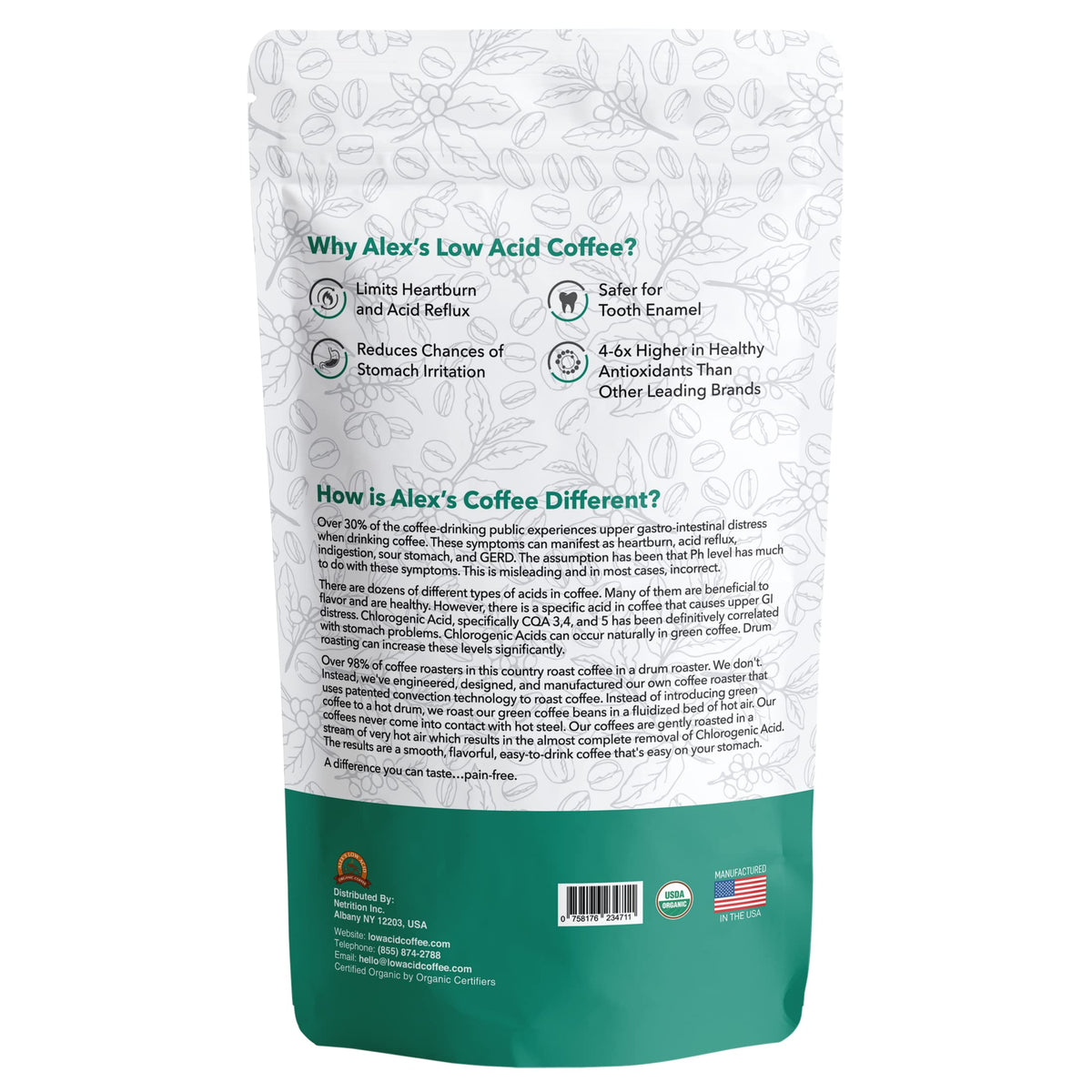 Alex's Low Acid Organic Coffee bag back view, emphasizing organic certification and eco-friendly decaf process.