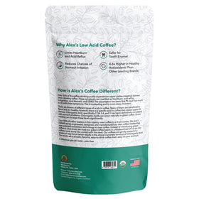 Alex's Low Acid Organic Coffee bag back view, emphasizing organic certification and eco-friendly decaf process.
