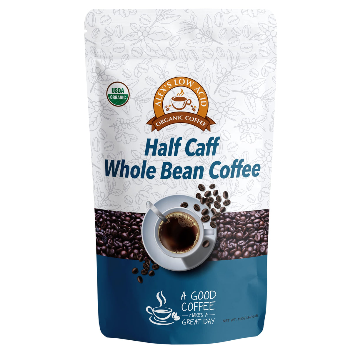 Alex's Low Acid Organic Coffee bag front view, showing premium organic beans for smooth daily brewing.