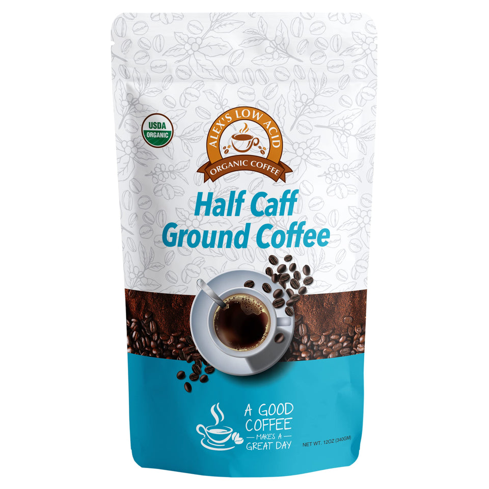 Alex's Low Acid Organic Coffee bag front shows branding and label.