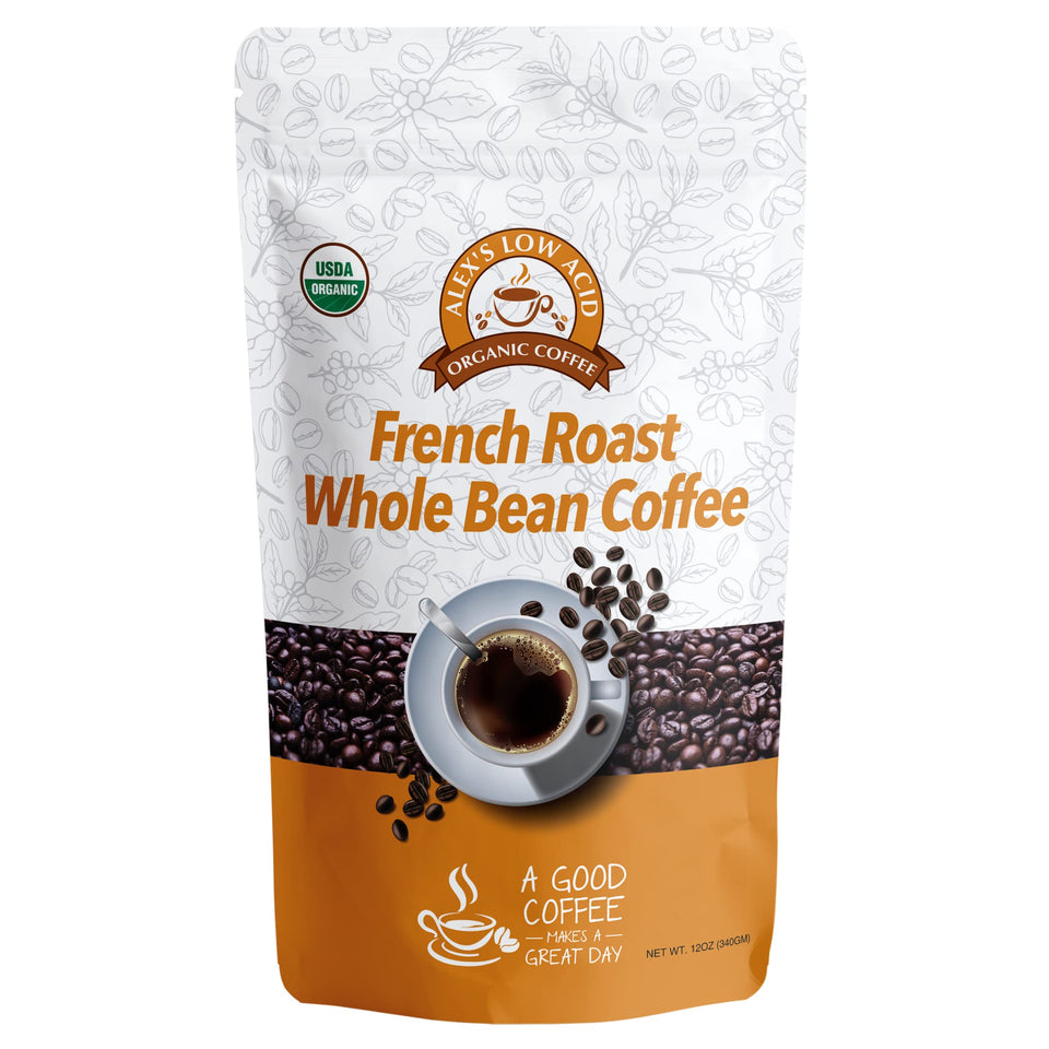 Alex's Low Acid Organic Coffee bag front shows organic certification and balanced roast for easy mornings.