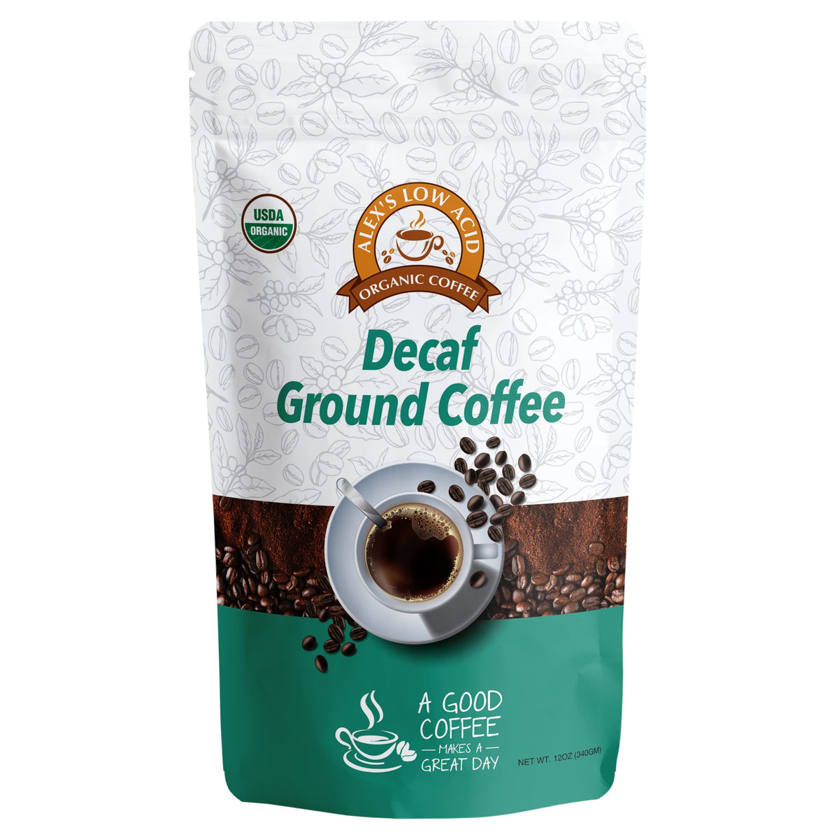 Alex's Low Acid Organic Coffee bag front view, showcasing eco-friendly packaging and smooth decaf flavor.
