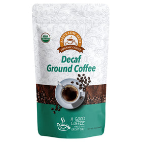 Alex's Low Acid Organic Coffee bag front view, showcasing eco-friendly packaging and smooth decaf flavor.