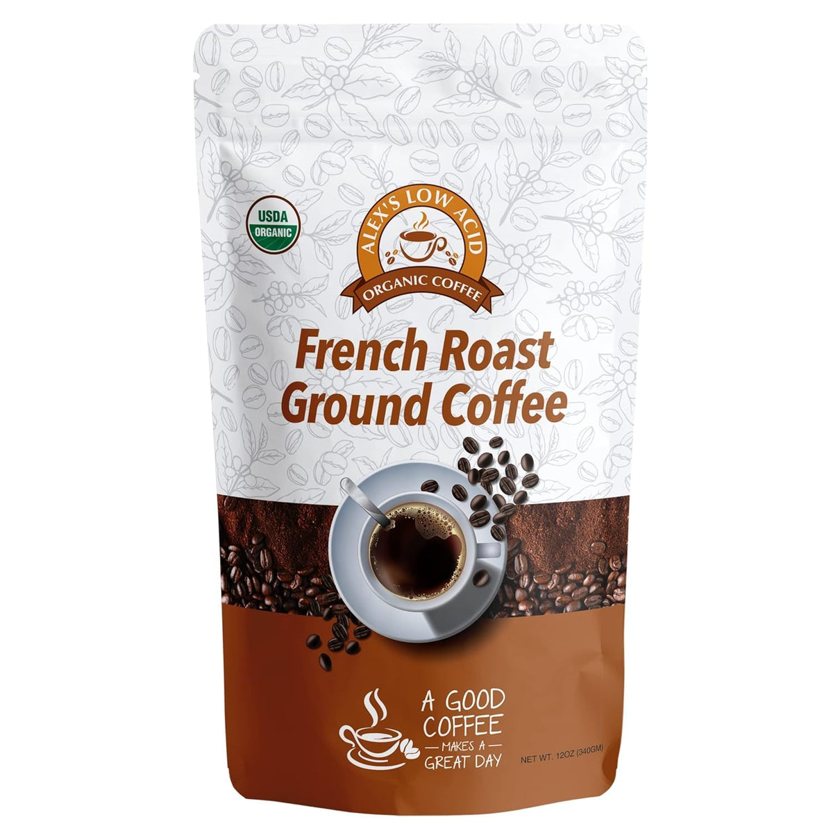 Alex's Low Acid Organic Coffee bag front view, fresh roast and organic certification visible.