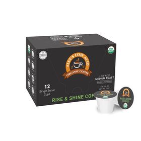 Alex's Low Acid Organic Coffee box packaging, convenient single-serve design for busy mornings.