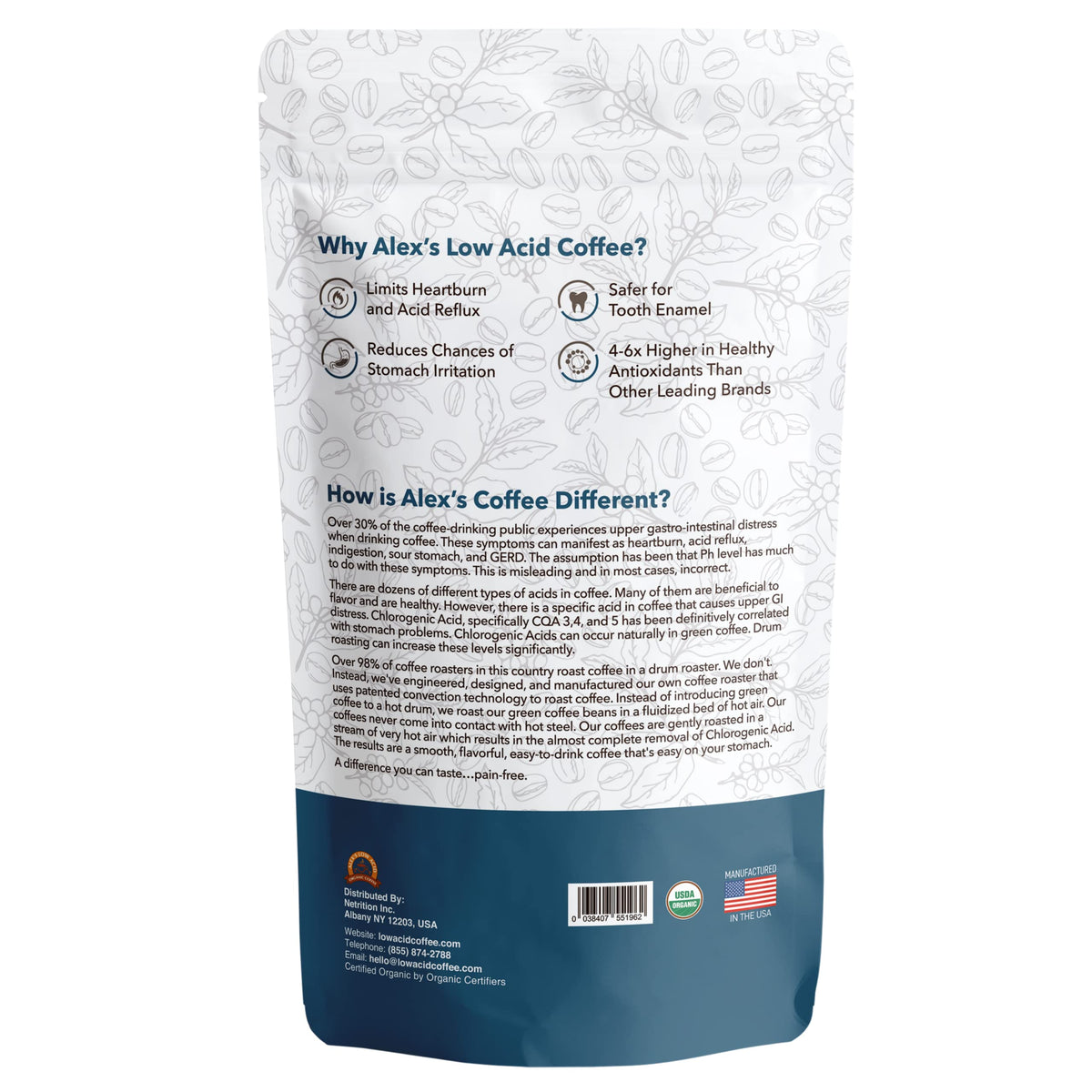 Alex's Low Acid Organic Coffee brewed cup with rich aroma and balanced notes.