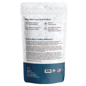 Alex's Low Acid Organic Coffee brewed cup with rich aroma and balanced notes.