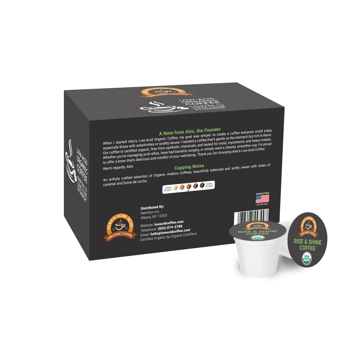 Alex's Low Acid Organic Coffee cup steaming, aromatic cup ready with minimal stomach discomfort.