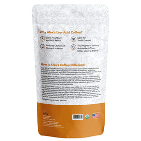 Alex's Low Acid Organic Coffee cup steaming promises a gentle aroma and balanced finish.