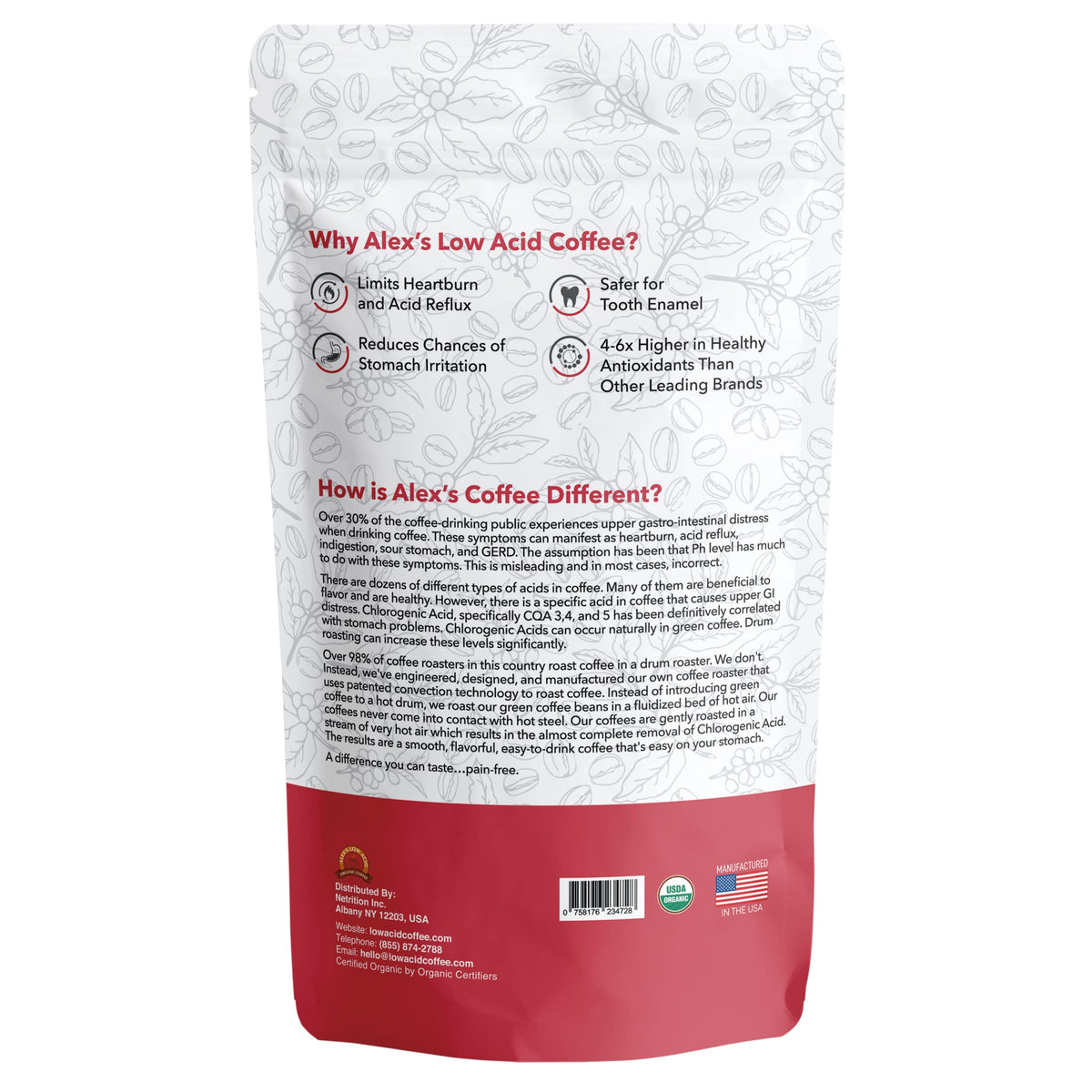 Alex's Low Acid Organic Coffee brew—balanced cup with reduced stomach irritation