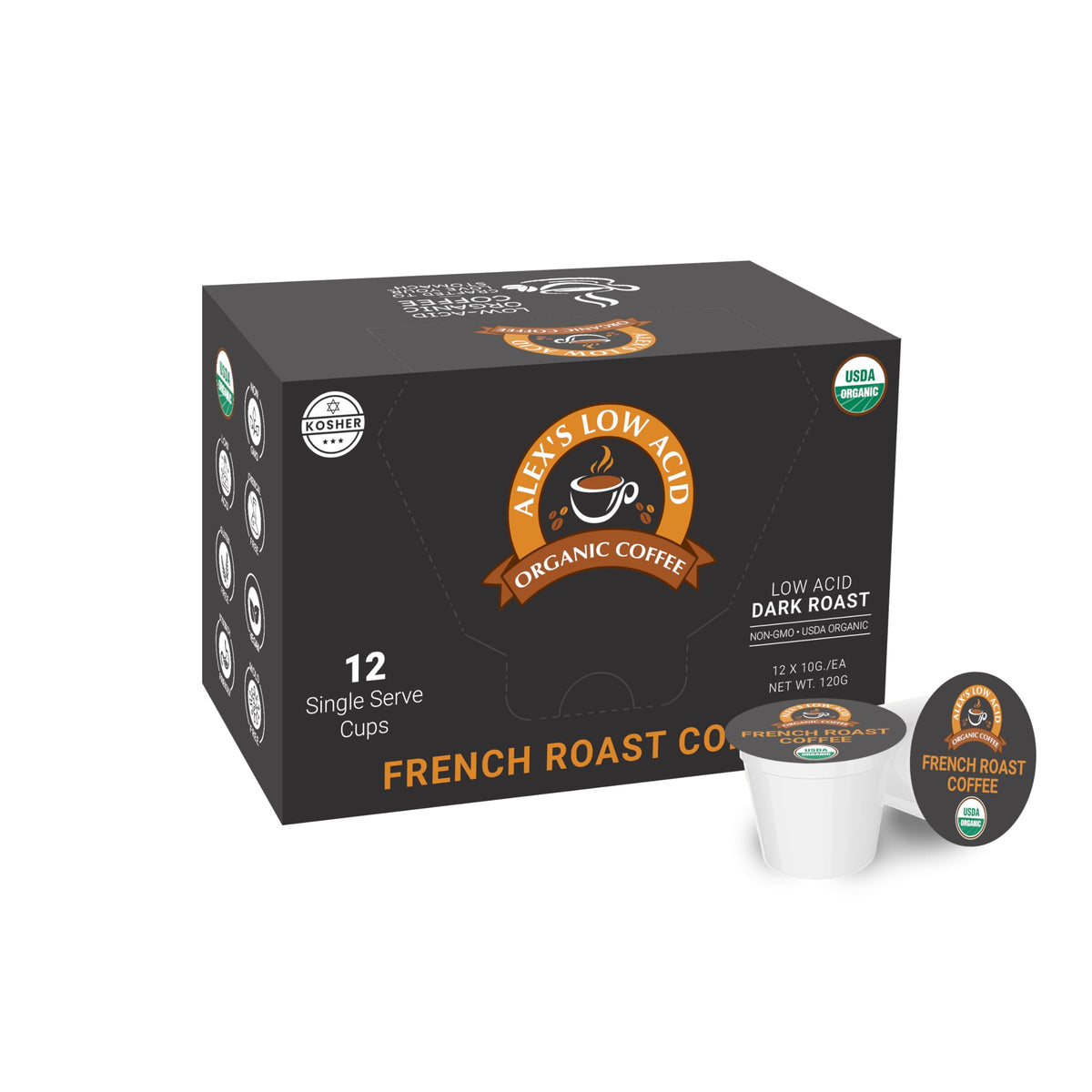 Alex’s Low Acid Organic Coffee French Roast K-Cup pack with smooth, low-acid flavor.
