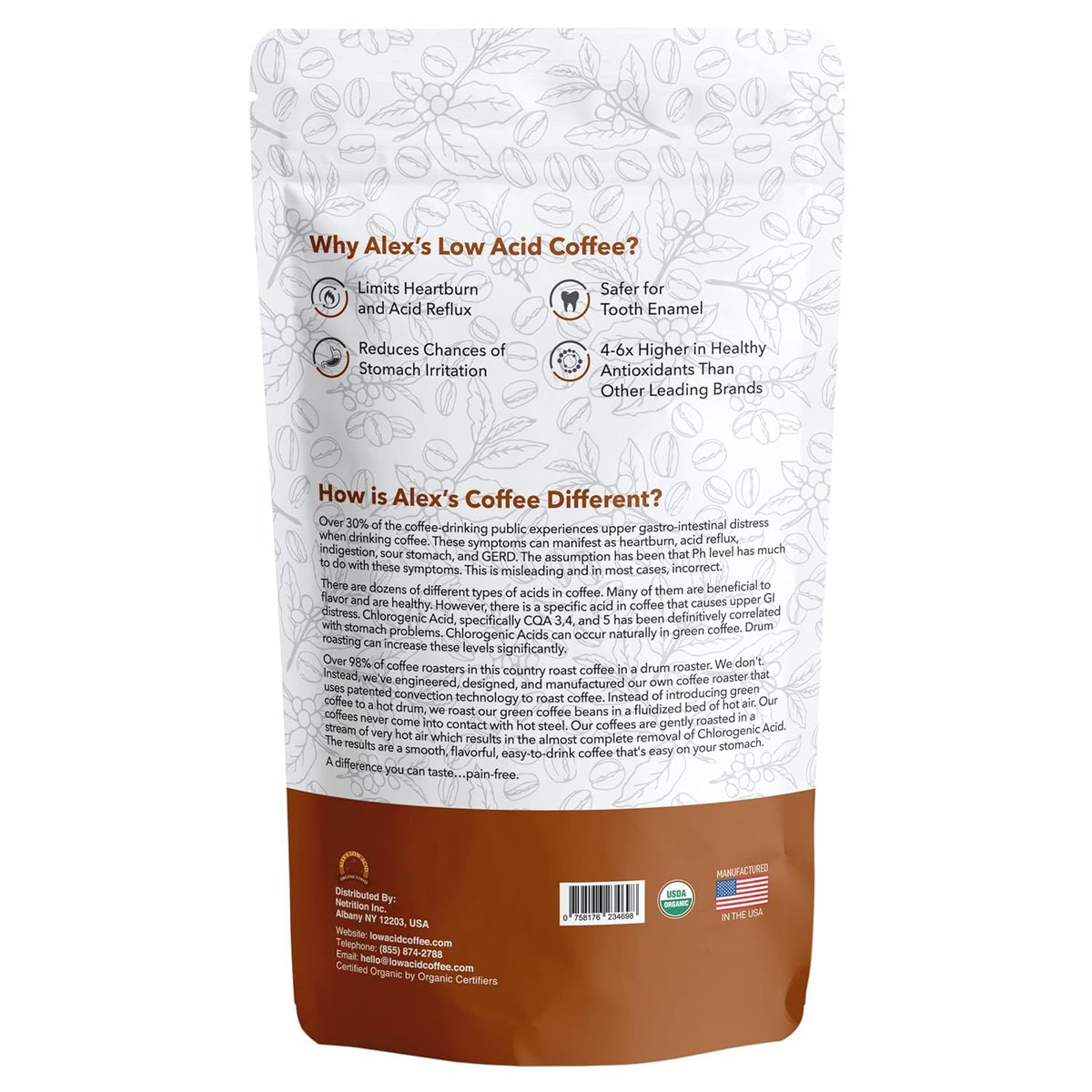 Close-up of Alex's Low Acid Organic Coffee grounds with rich color and aroma.