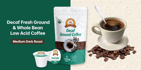 Alex's Low Acid Organic Coffee ground close-up, highlighting rich aroma and low acidity profile.