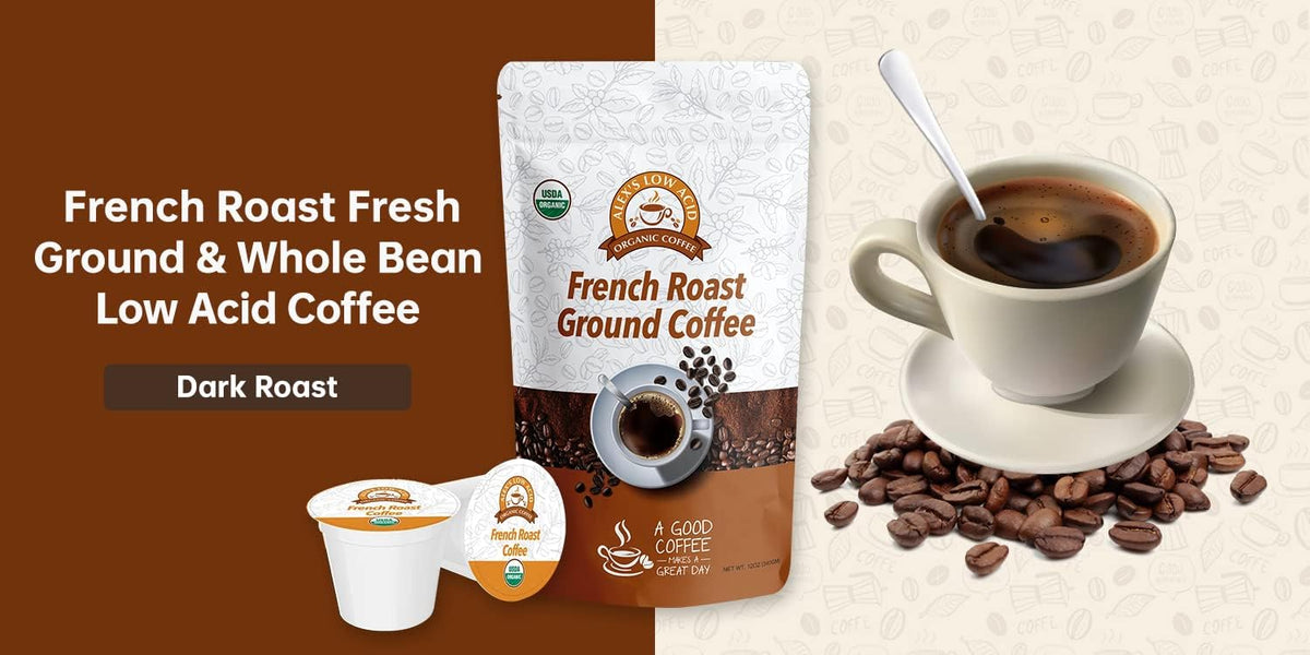 Label close-up of Alex's Low Acid Organic Coffee showing USDA organic certification.