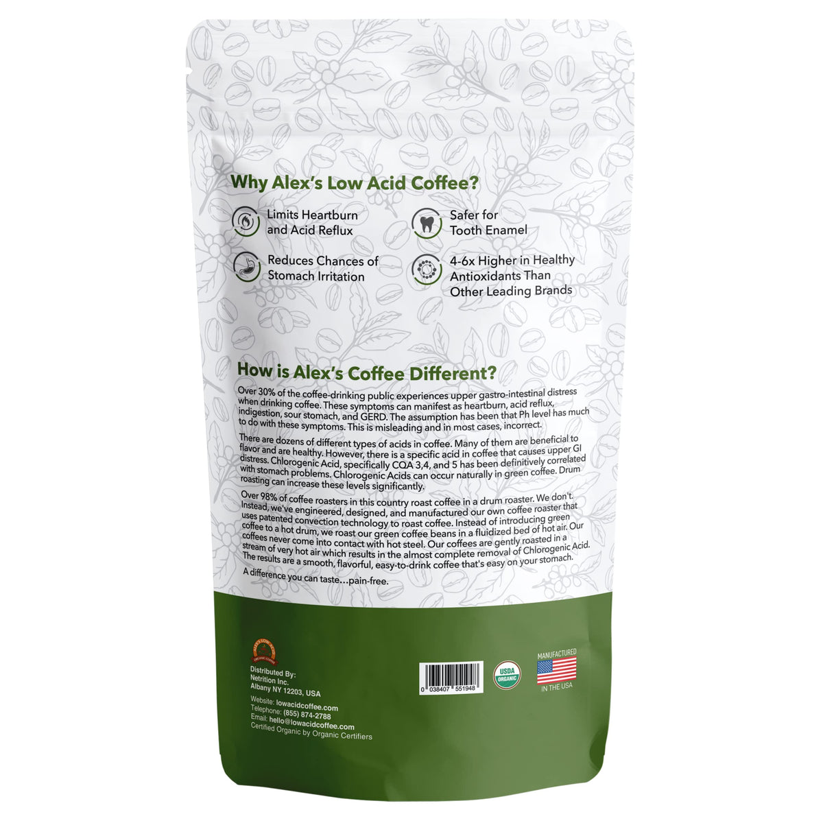Certified organic packaging of Alex's Low Acid Coffee with important safety and quality cues.