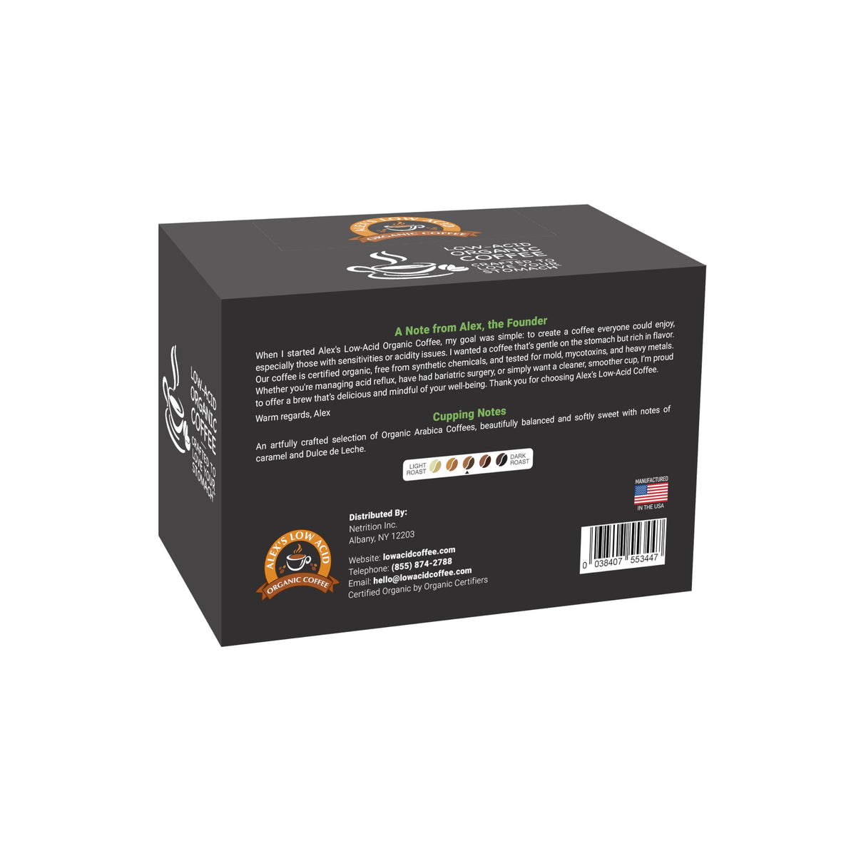 Alex's Low Acid Organic Coffee pod closeup, showing gentle roast preserves antioxidants and flavor.