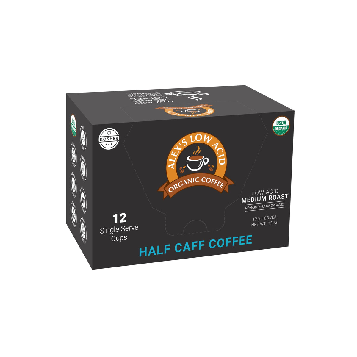 Alex's Low Acid Organic Coffee pods in a cup reveal rich chocolate and plum notes