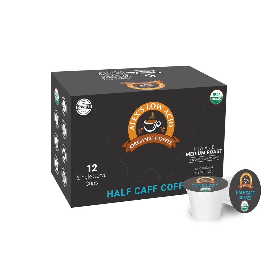 Alex's Low Acid Organic Coffee pods pack for quick, low-acid mornings